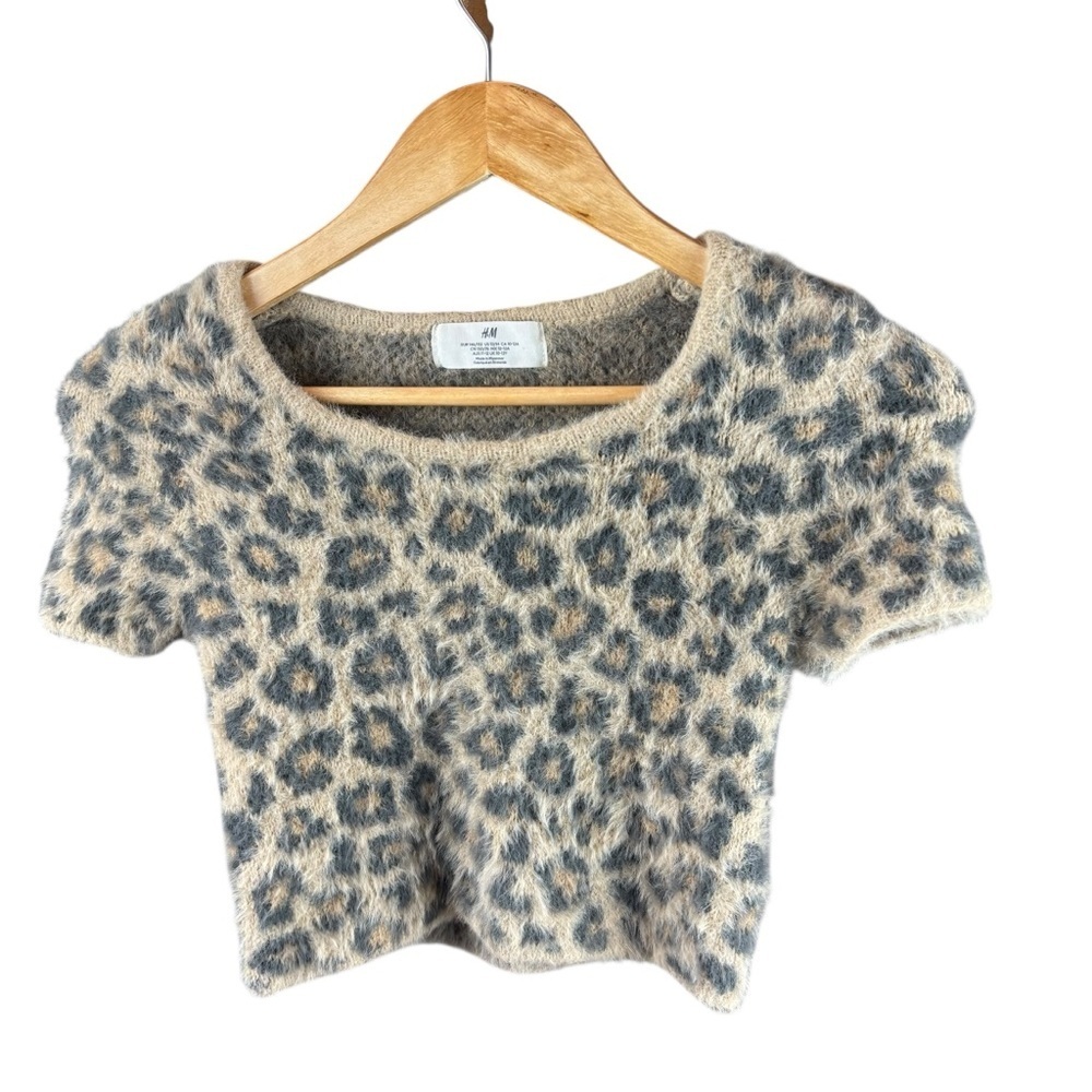 H&M Cream and Gray Crew Neck Sweater with Leopard Print